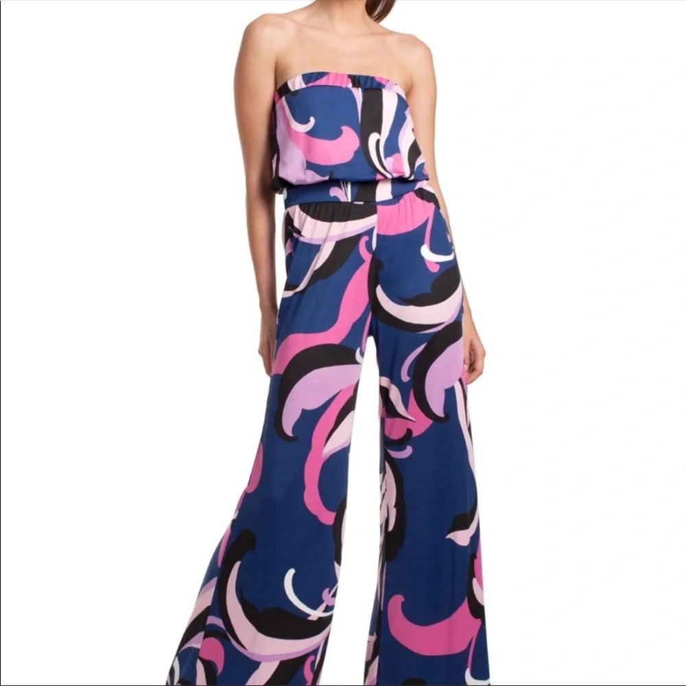 Trina Turk Blue Pink Black Strapless Printed Jumpsuit